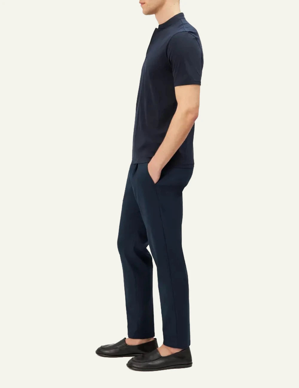 Drykorn Louis t-shirt navy stand collar short sleeve side view