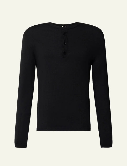 Men's DRYKORN black cotton knit sweater with Henley collar and button placket