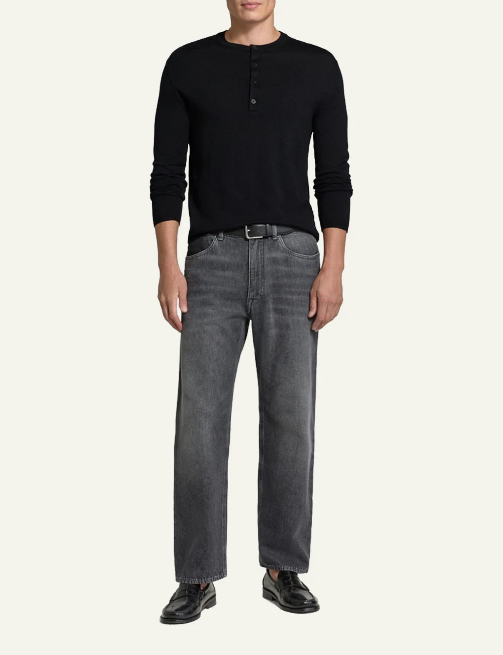 Men's DRYKORN black cotton knit sweater with Henley collar and button placket full body