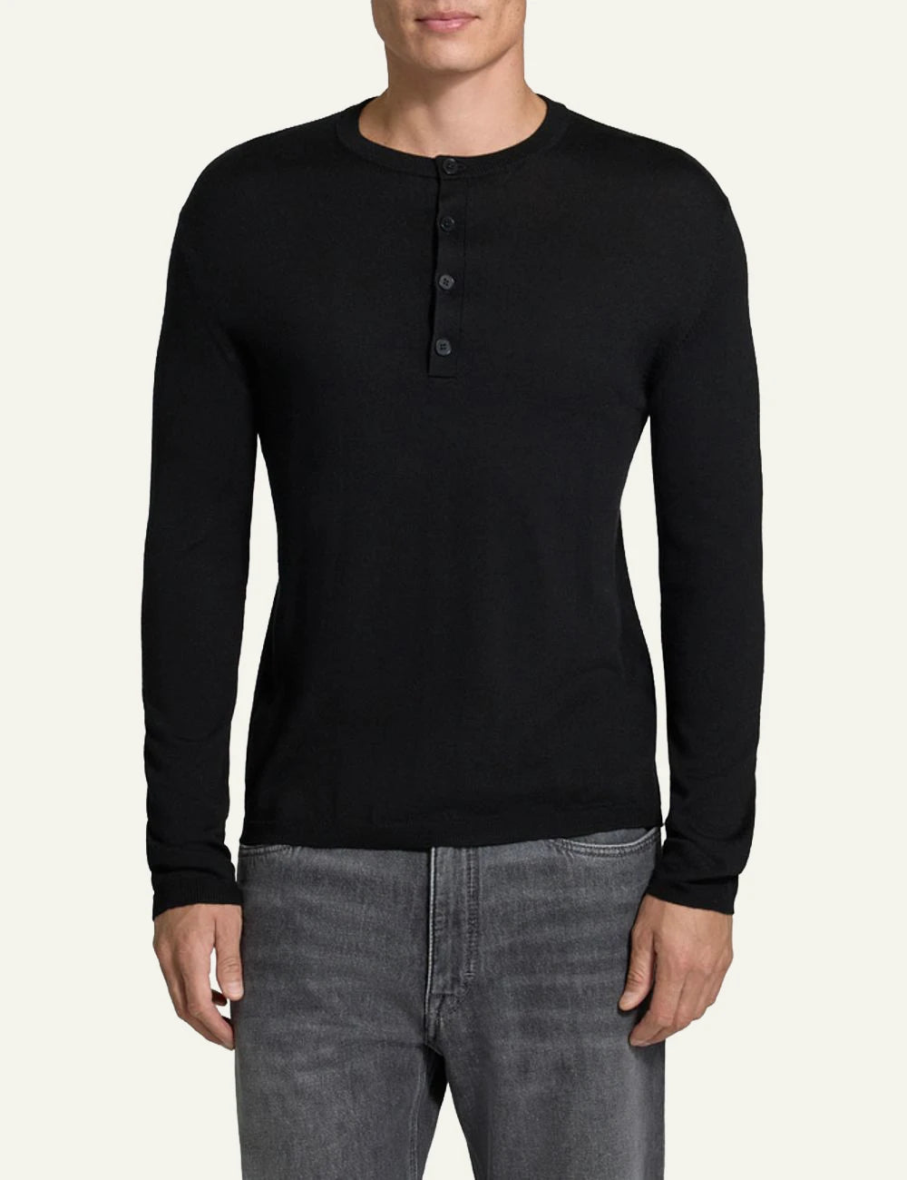 Men's DRYKORN black cotton knit sweater with Henley collar and button placket model