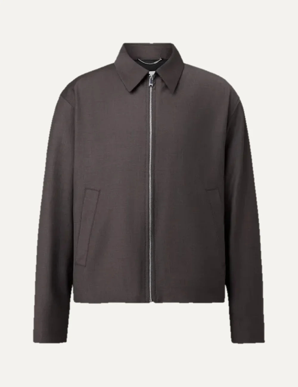 Drykorn men's dark brown Rikko jacket with a classic shirt collar, silver front zipper, long sleeves and side pockets.