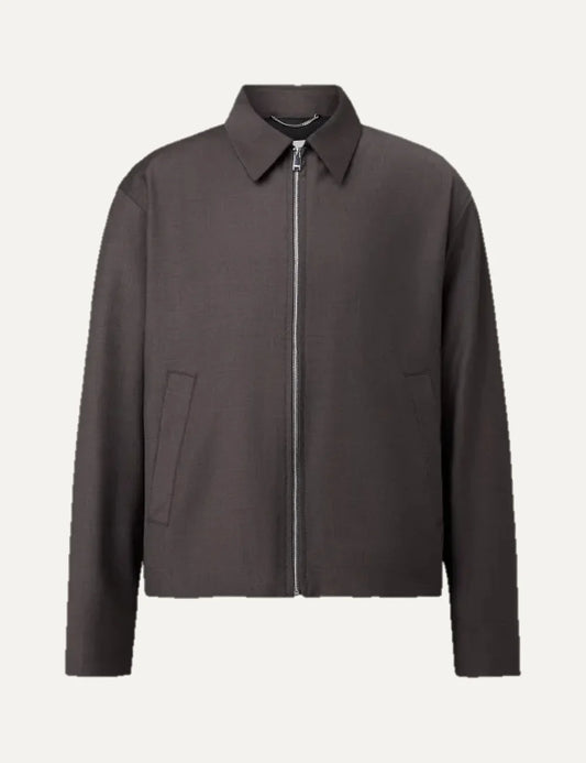Drykorn men's dark brown Rikko jacket with a classic shirt collar, silver front zipper, long sleeves and side pockets.