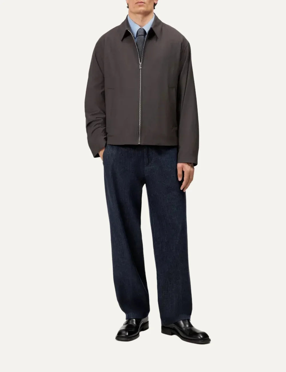 Drykorn men's dark brown Rikko jacket with a classic shirt collar, silver front zipper, long sleeves and side pockets full body