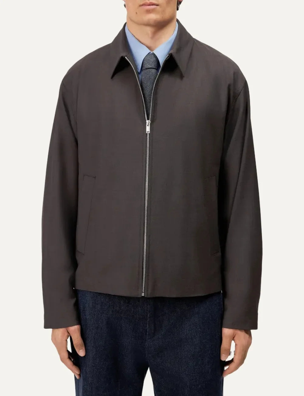 Drykorn men's dark brown Rikko jacket with a classic shirt collar, silver front zipper, long sleeves and side pockets model