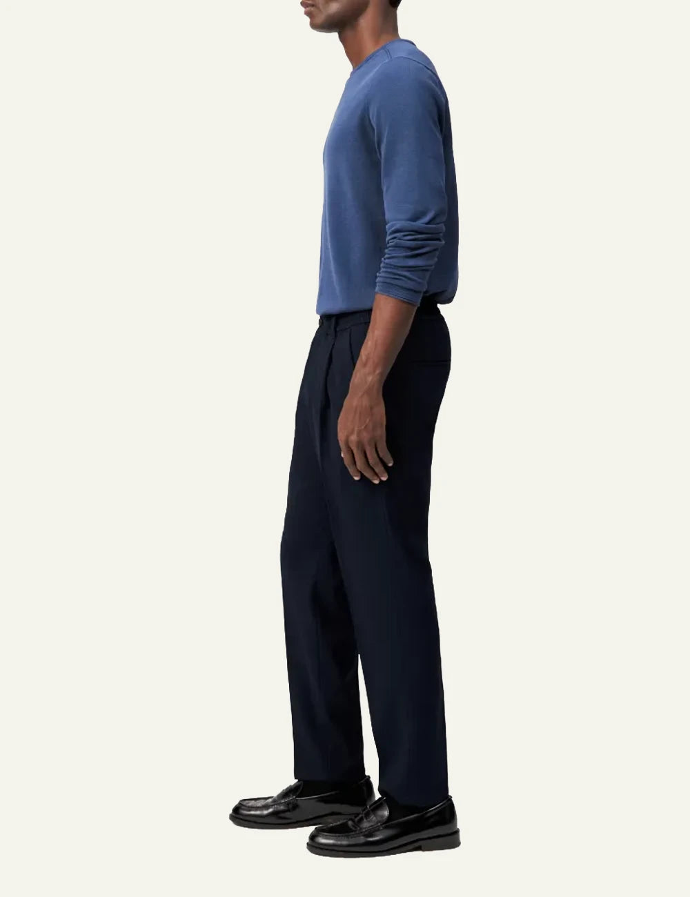 Men's DRYKORN dark navy tailored pants with tapered leg and cropped fit side