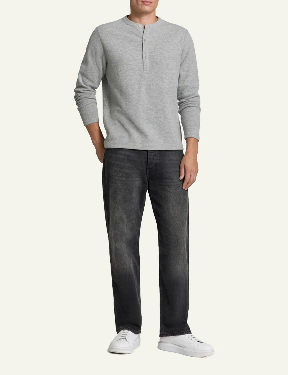Men's DRYKORN grey melange sweatshirt with button placket and crew neck full body