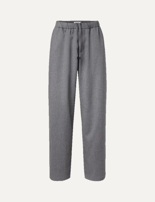 Drykorn men's grey melange wide leg trousers with an elasticated drawstring waistband and relaxed fit.
