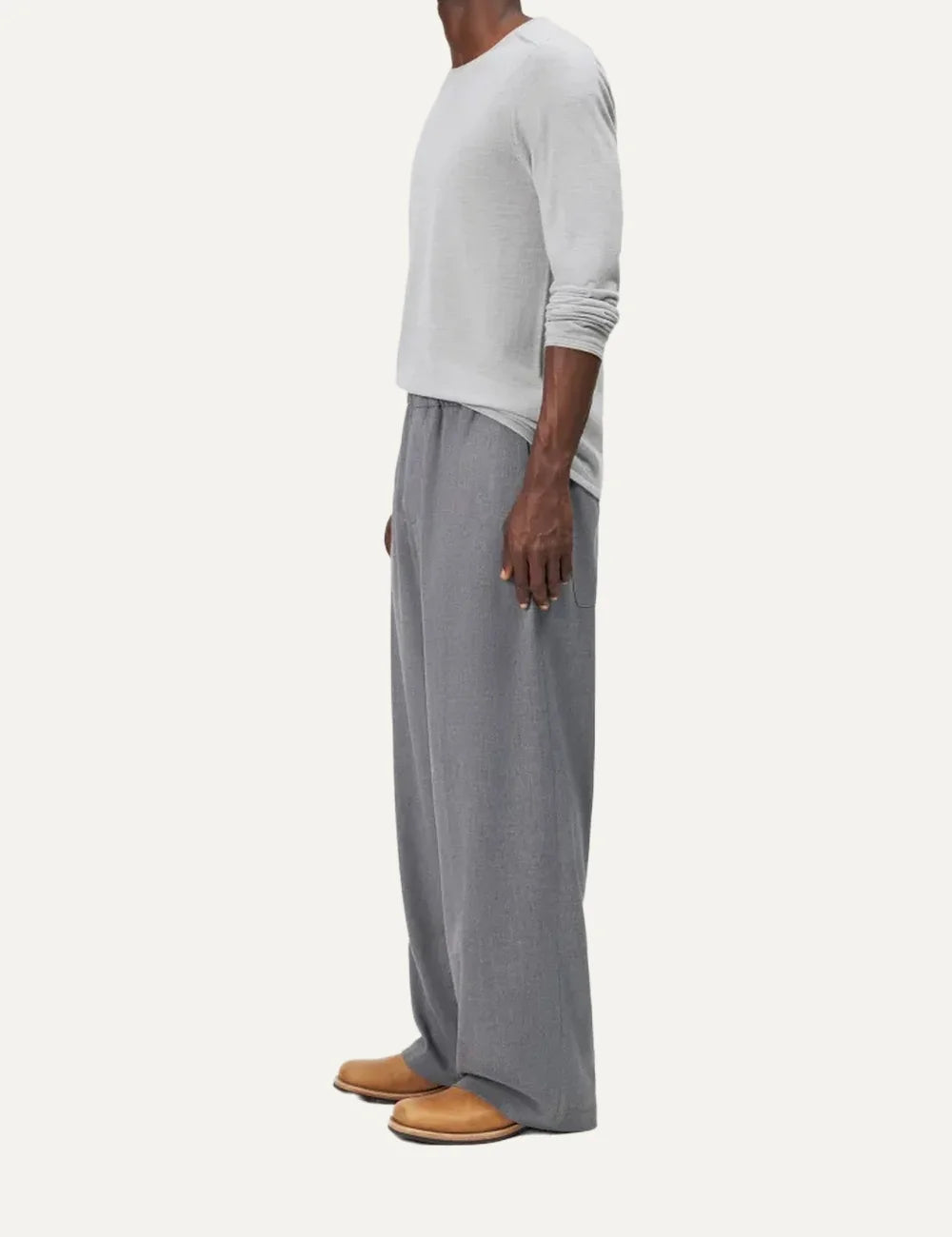 Drykorn men's grey melange wide leg trousers with an elasticated drawstring waistband and relaxed fit side