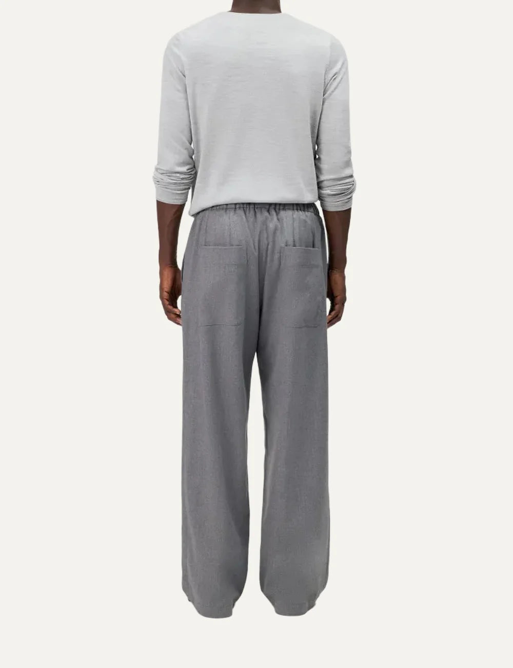 Drykorn men's grey melange wide leg trousers with an elasticated drawstring waistband and relaxed fit back
