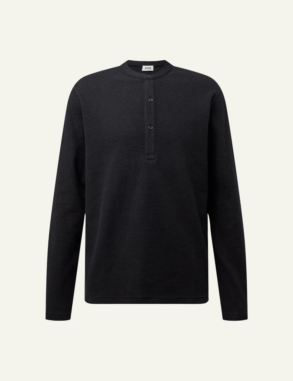 Men's Drykorn Malior black waffle long sleeve henley top with stand-up collar