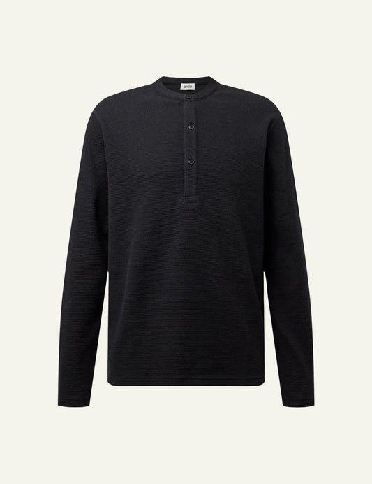 Men's Drykorn Malior black waffle long sleeve henley top with stand-up collar