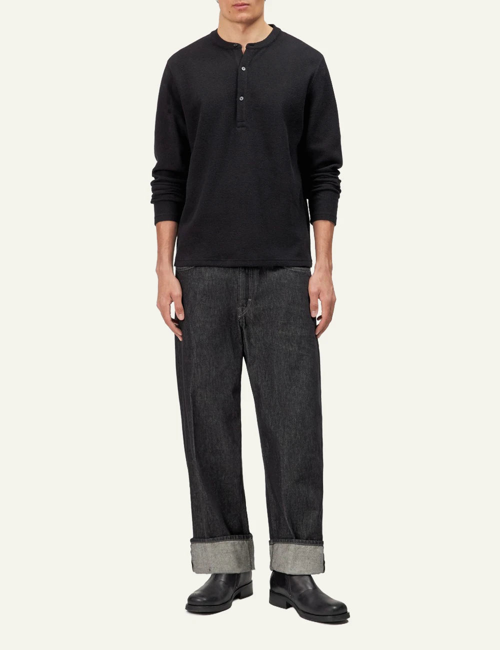 Men's Drykorn Malior black waffle long sleeve henley top with stand-up collar full body