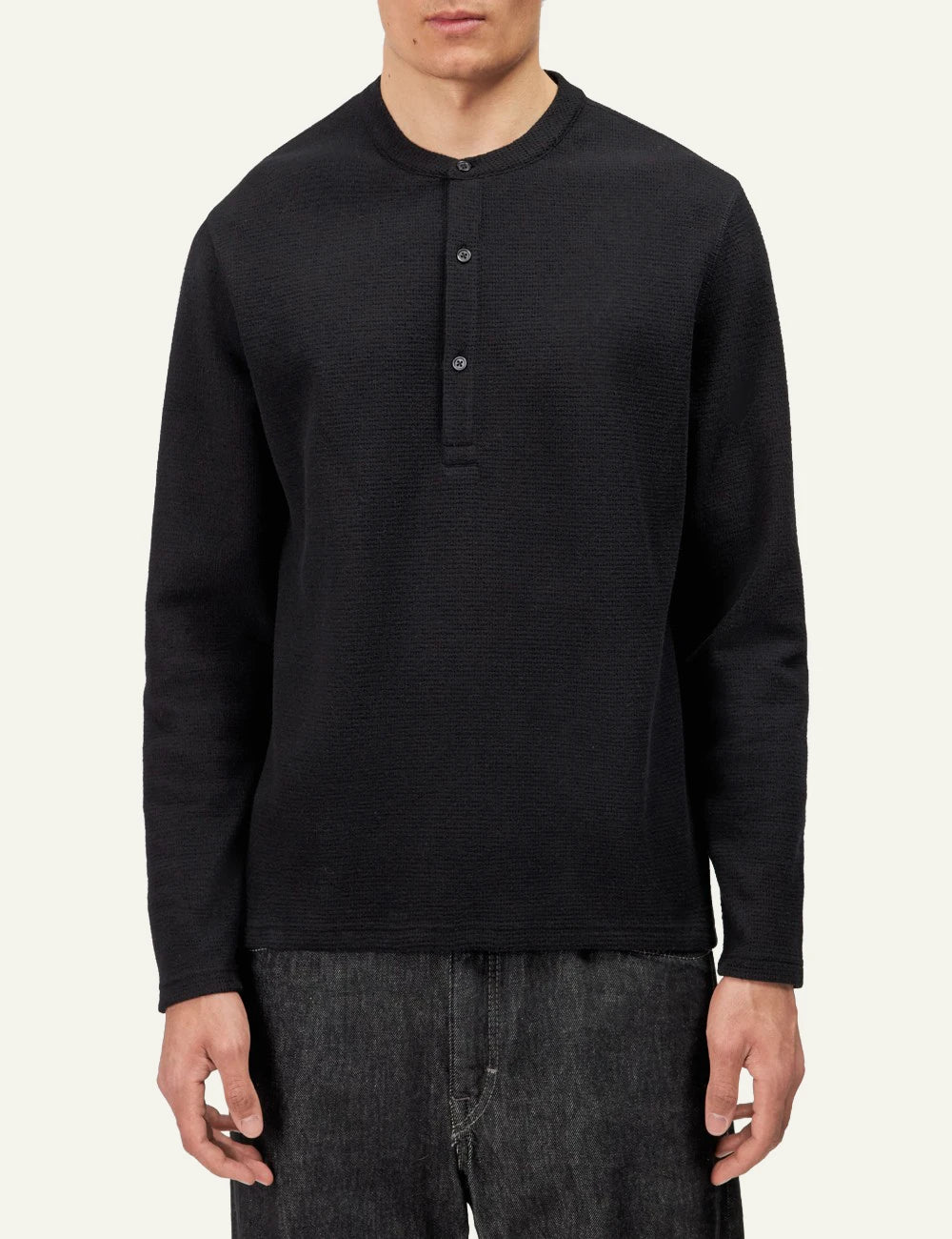 Men's Drykorn Malior black waffle long sleeve henley top with stand-up collar model
