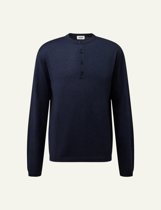 Men's DRYKORN merino wool knit sweater in dark blue with Henley button placket