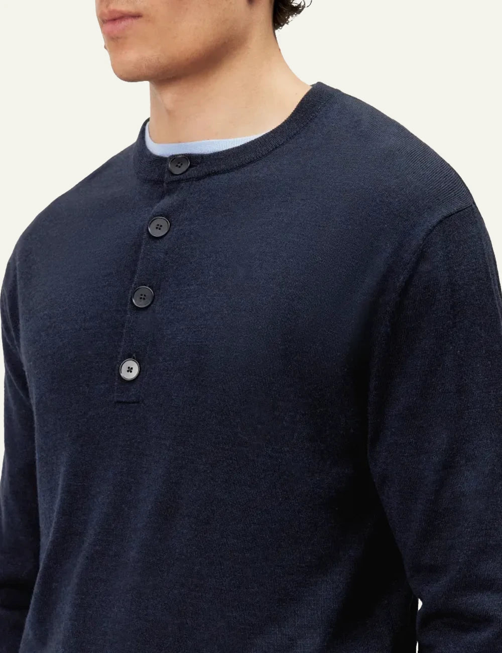Men's DRYKORN merino wool knit sweater in dark blue with Henley button placket detail