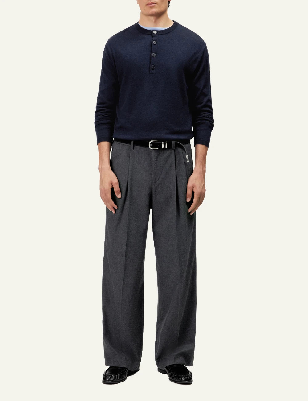 Men's DRYKORN merino wool knit sweater in dark blue with Henley button placket full body
