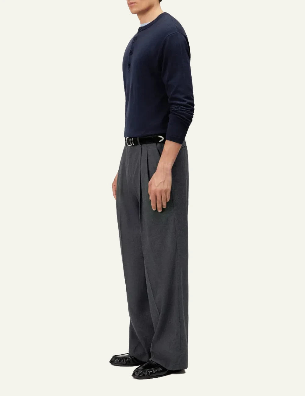 Men's DRYKORN merino wool knit sweater in dark blue with Henley button placket side