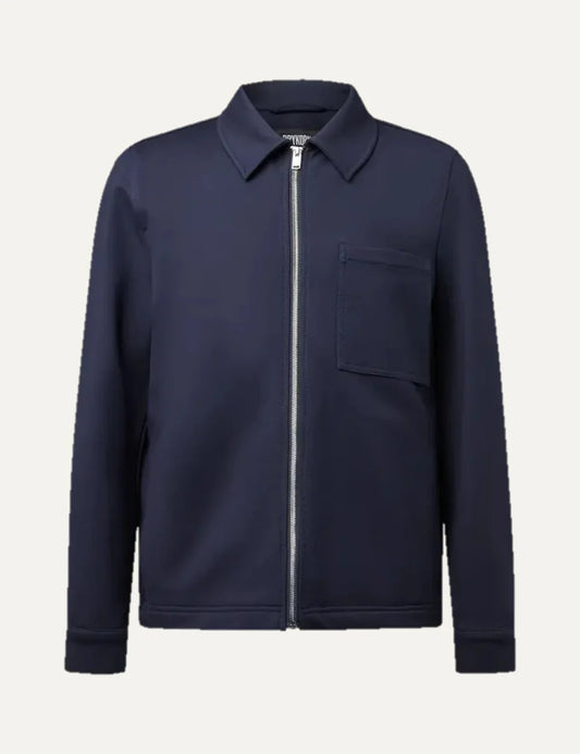 Drykorn men's navy blue Jerson zip-up jacket with a shirt collar, silver front zipper, chest patch pocket and long sleeves.