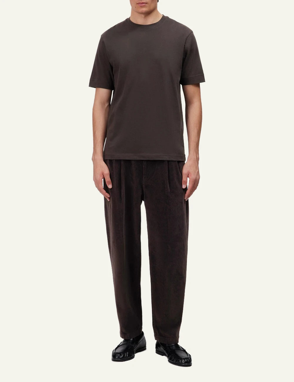 Men's Drykorn Raphael dark brown cotton crew neck regular fit T-shirt full body