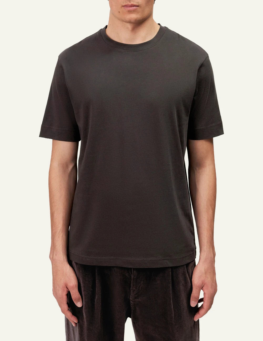 Men's Drykorn Raphael dark brown cotton crew neck regular fit T-shirt model