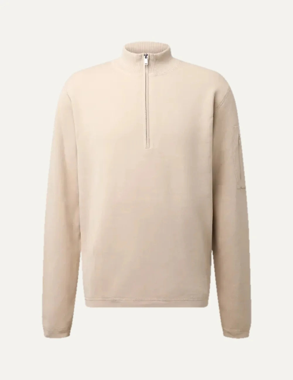 Drykorn men's Tarvik ecru virgin wool half-zip sweater with ribbed stand collar, long sleeves and a sleeve pocket.