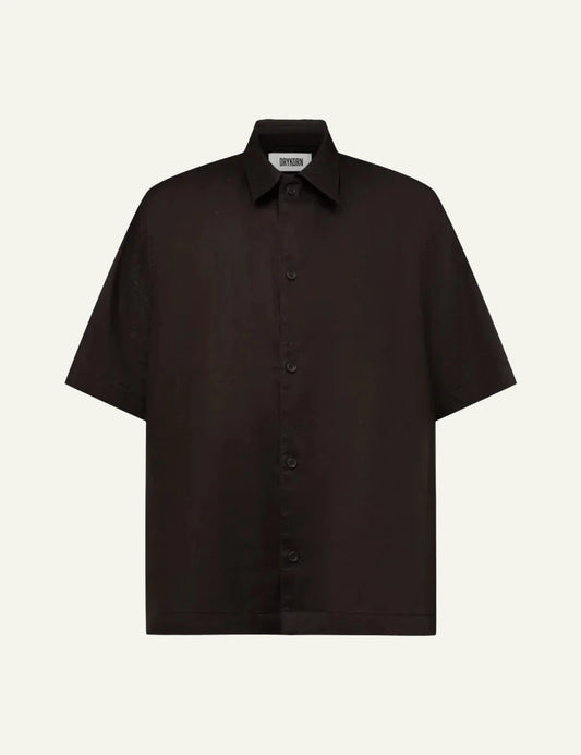 Drykorn MERYN shirt brown short sleeve linen blend Kent collar front flat view
