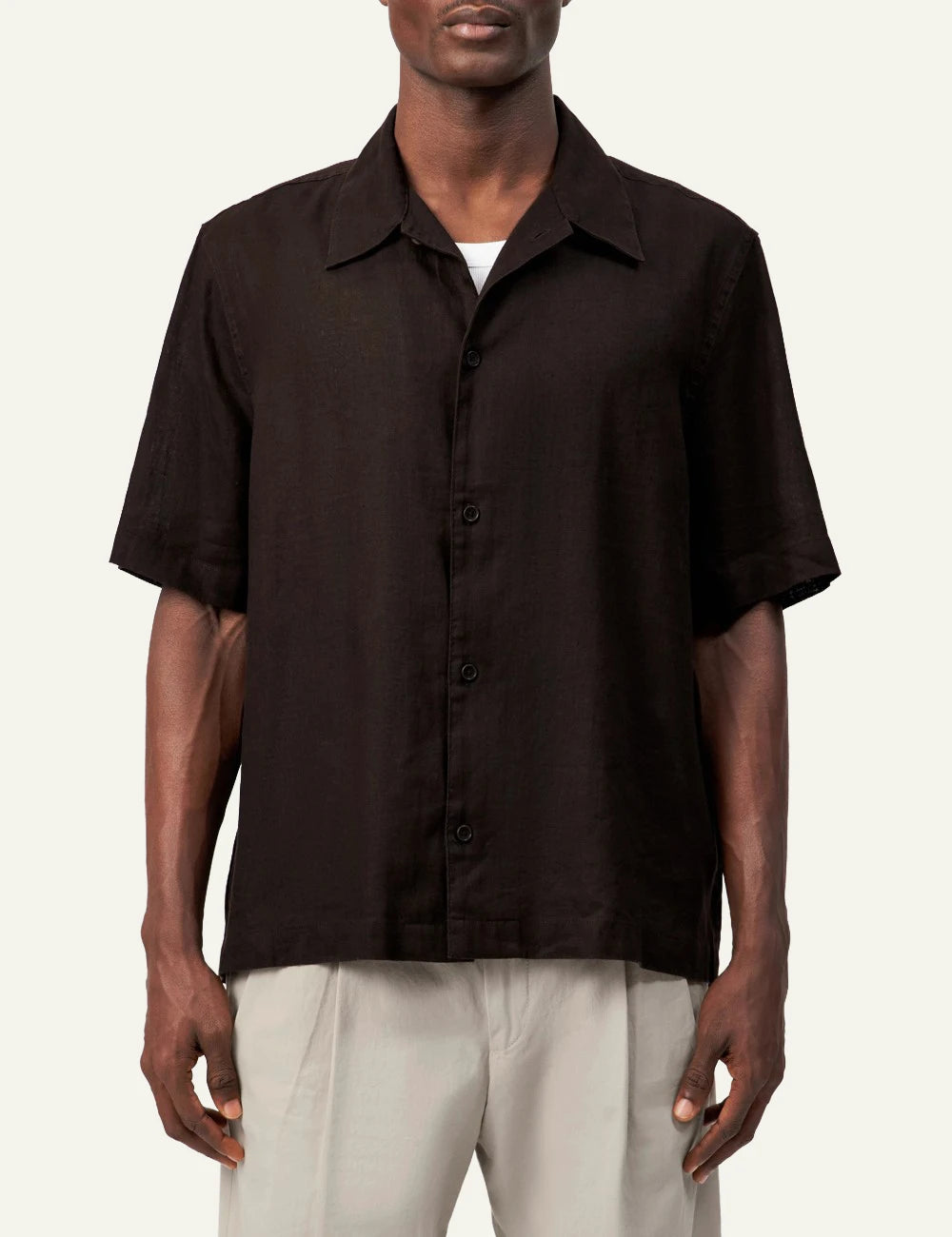 Drykorn MERYN shirt brown short sleeve linen blend Kent collar front  view