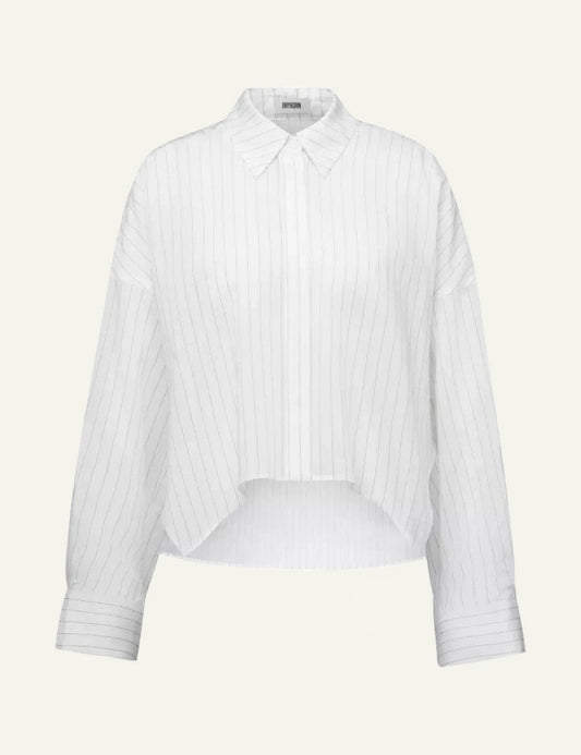 Drykorn Oshia shirt white striped oversized concealed placket front flat view