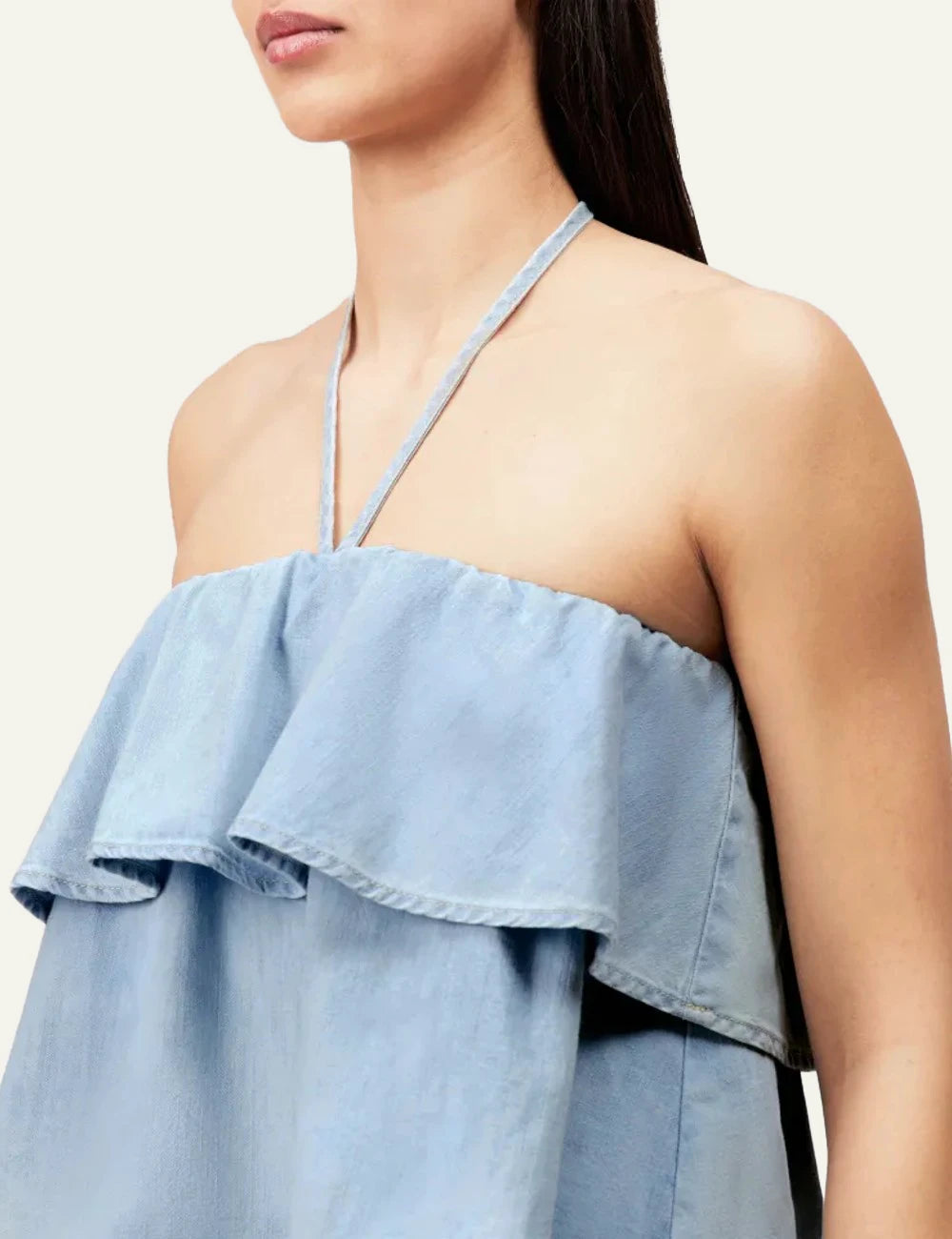 Drykorn RIVANA bandeau top light blue denim look cropped sleeveless ruffle side detail view