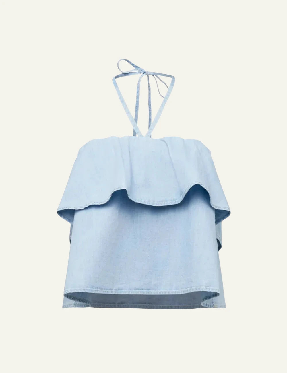 Drykorn RIVANA bandeau top light blue denim look cropped sleeveless ruffle front flat view