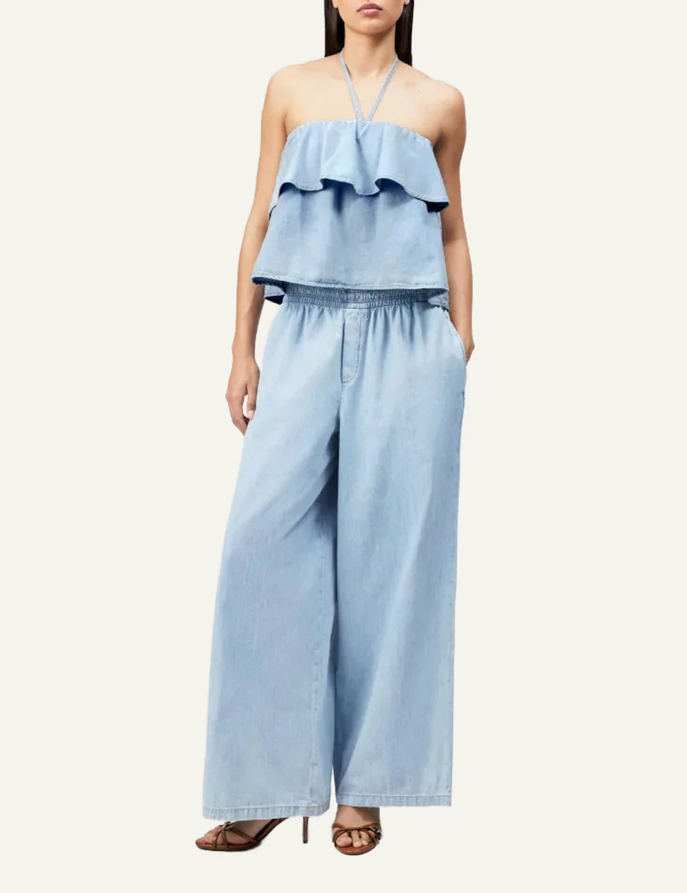 Drykorn RIVANA bandeau top light blue denim look cropped sleeveless ruffle front full body view