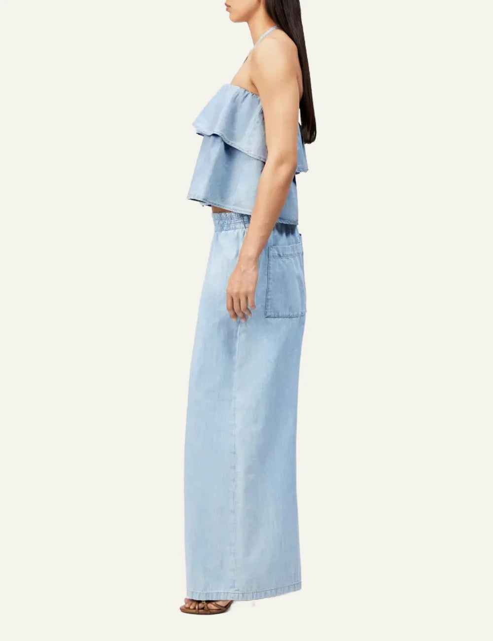 Drykorn RIVANA bandeau top light blue denim look cropped sleeveless ruffle side view