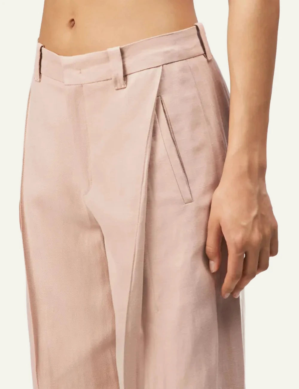 Drykorn UNPACK trousers beige tencel linen pleated O-shape mid waist detail side view