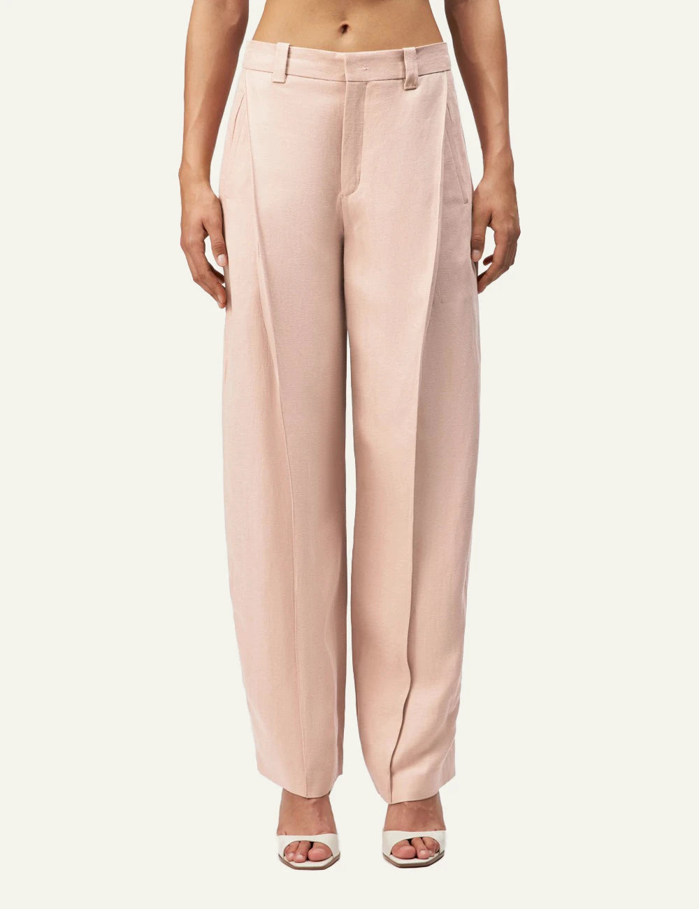 Drykorn UNPACK trousers beige tencel linen pleated O-shape mid waist front model view
