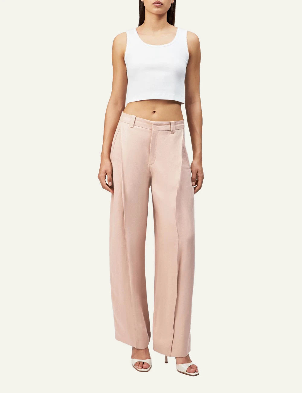 Drykorn UNPACK trousers beige tencel linen pleated O-shape mid waist front full body view