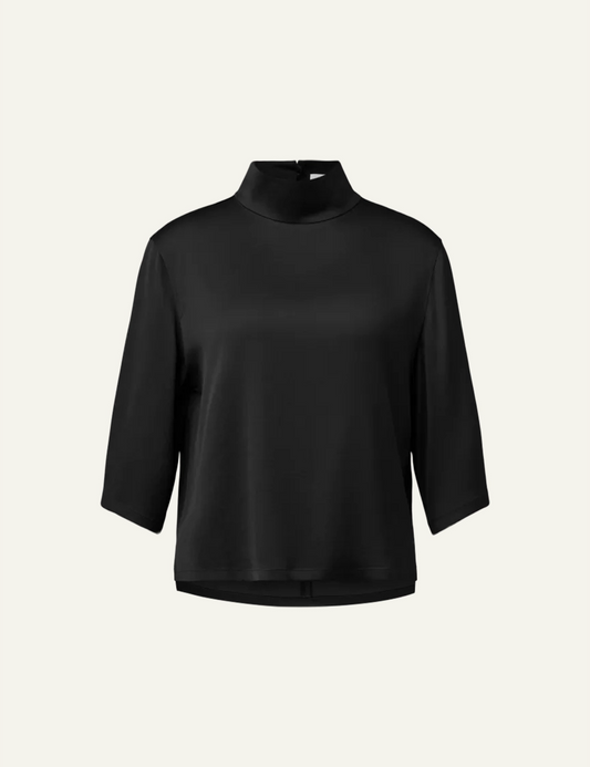 Women's DRYKORN Aletia satin blouse in black with stand-up collar and three-quarter sleeves