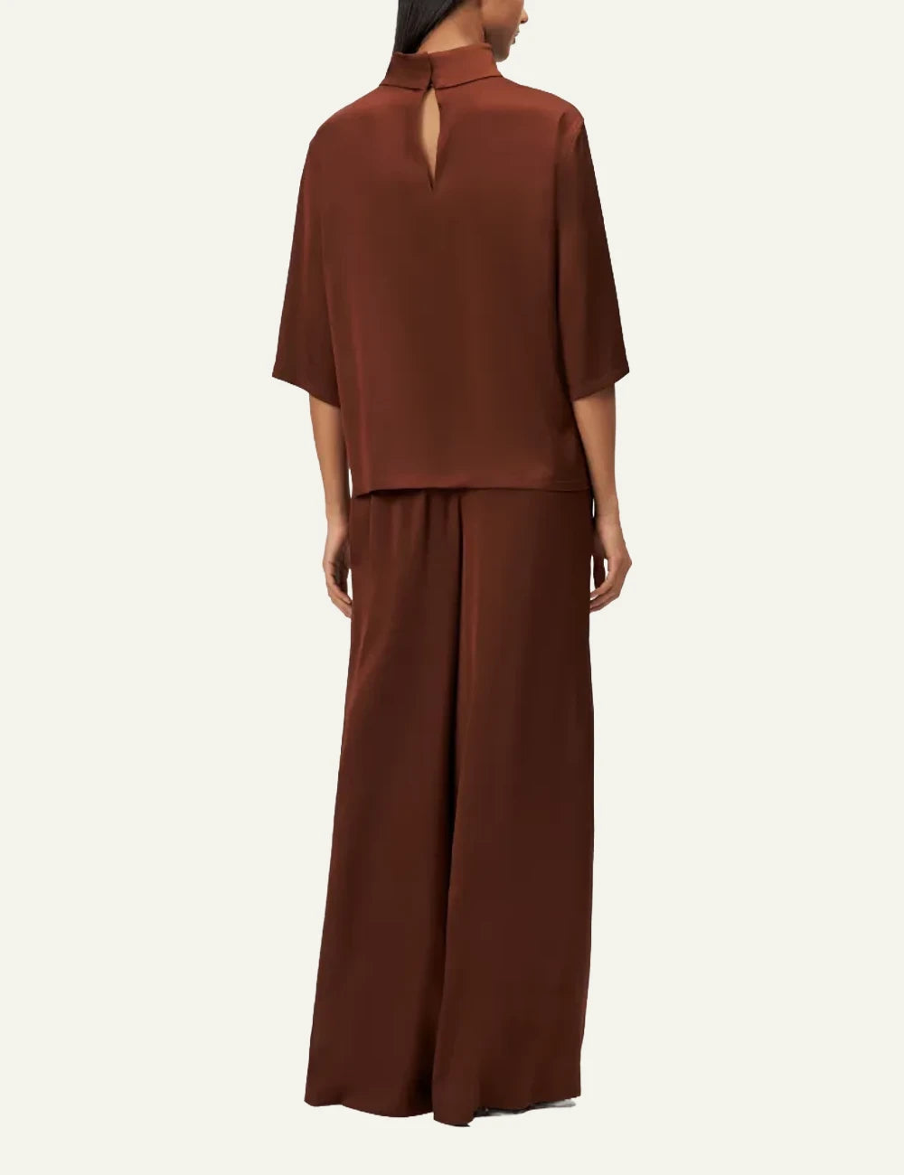 Women's DRYKORN Aletia satin blouse in rust brown with stand-up collar and three-quarter sleeves back