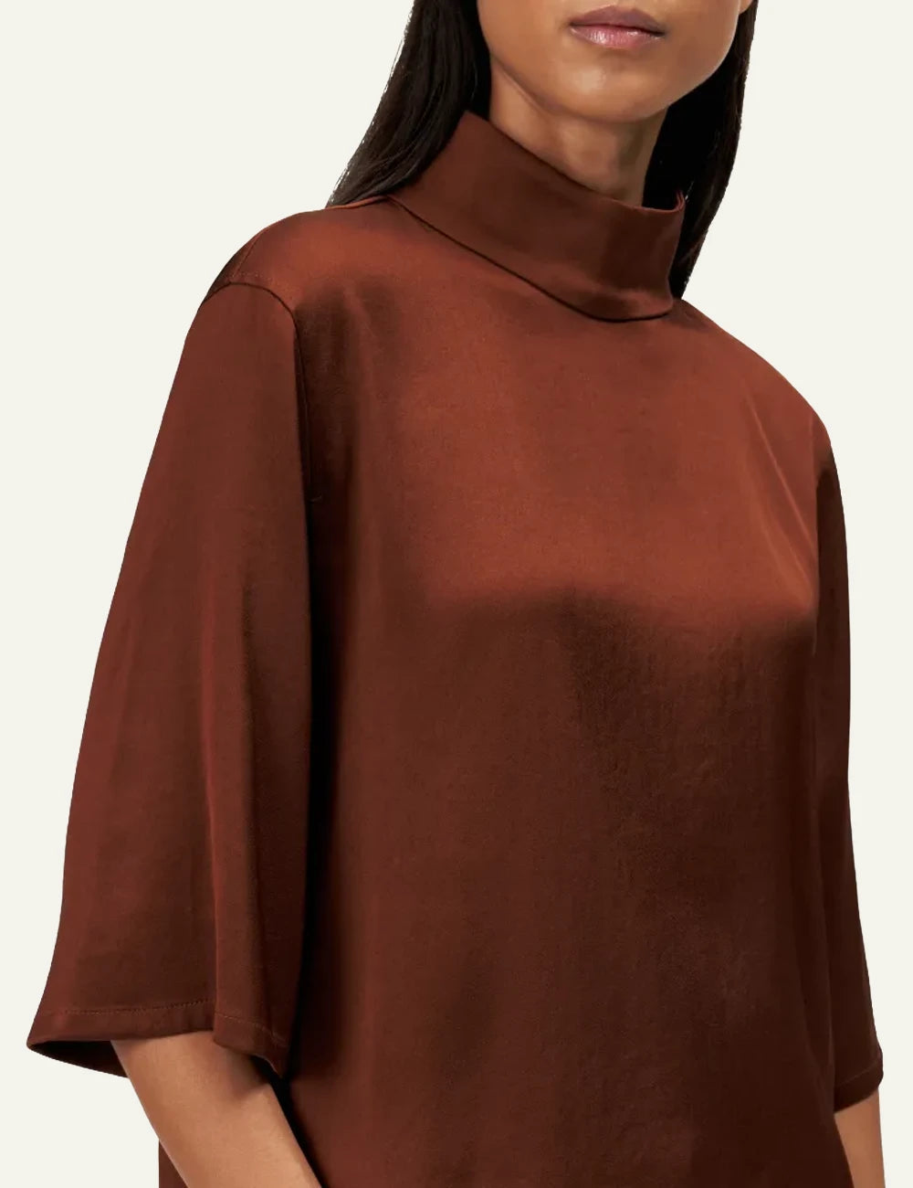 Women's DRYKORN Aletia satin blouse in rust brown with stand-up collar and three-quarter sleeves detail