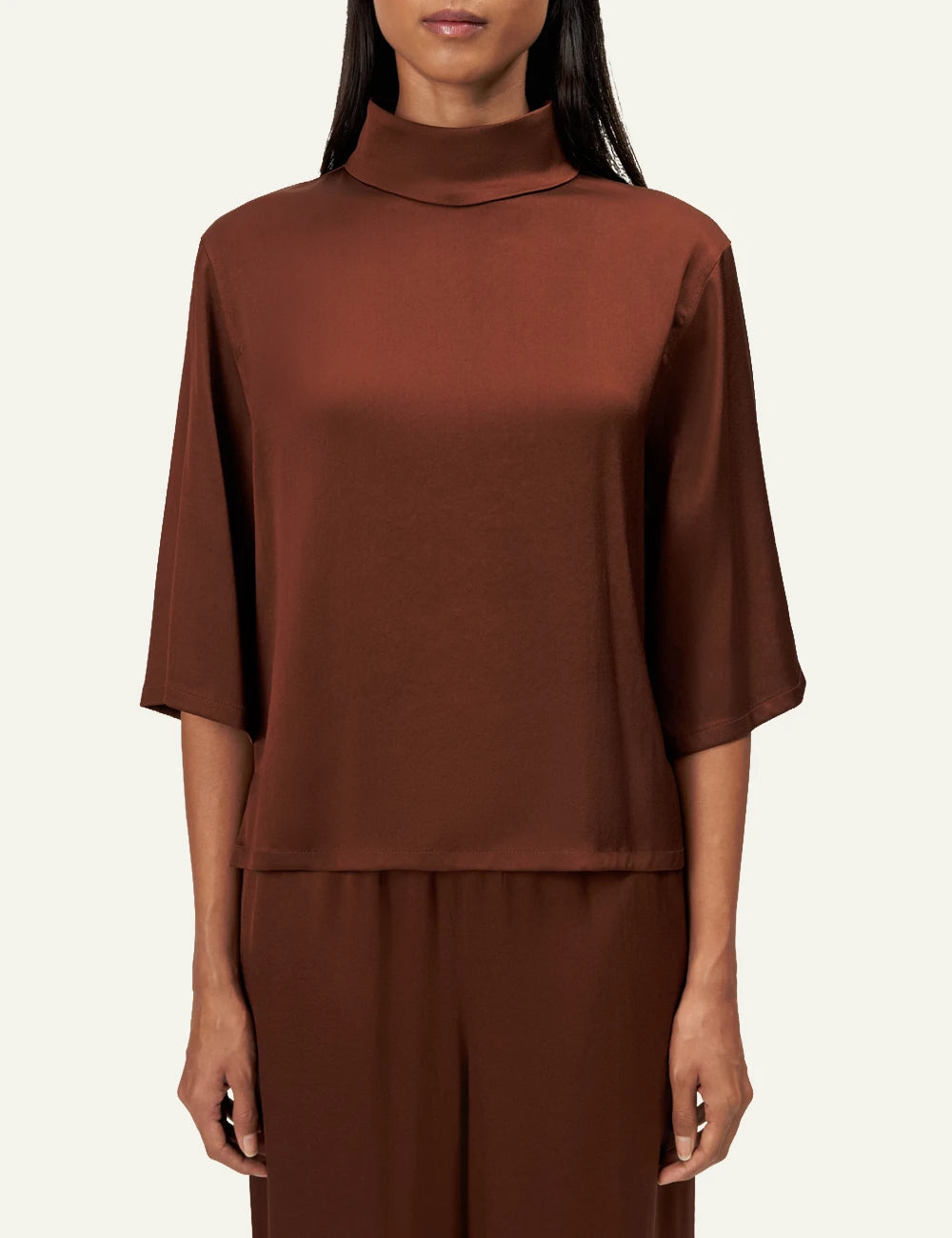 Women's DRYKORN Aletia satin blouse in rust brown with stand-up collar and three-quarter sleeves model