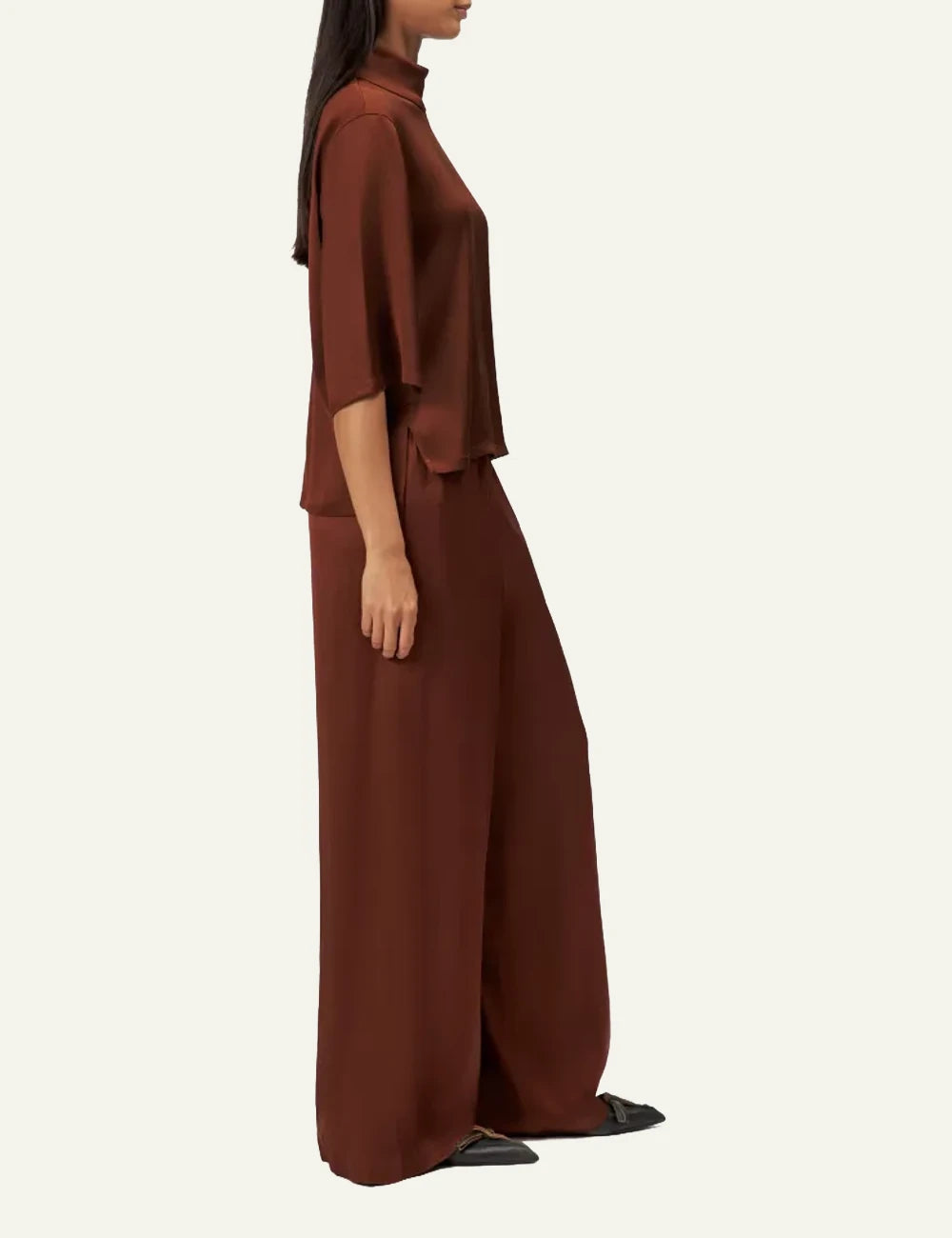 Women's DRYKORN Aletia satin blouse in rust brown with stand-up collar and three-quarter sleeves side