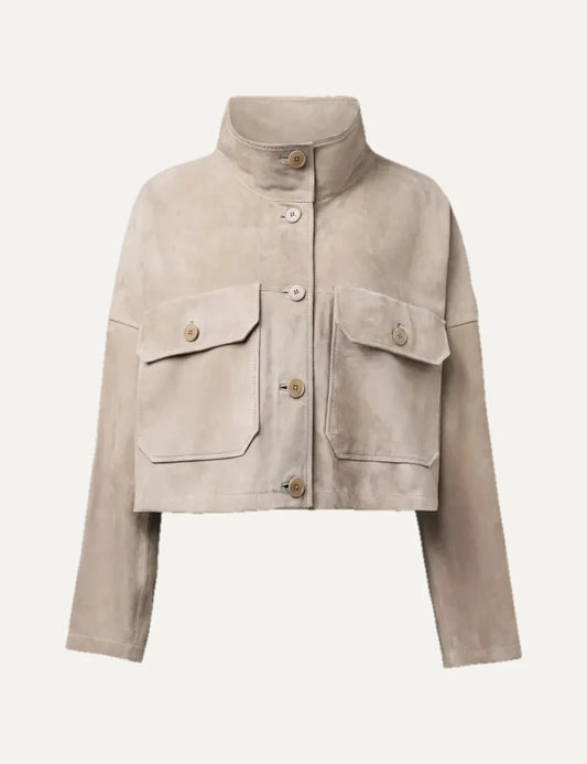 Drykorn women's Arklow light beige cropped leather jacket with an oversized boxy fit, stand collar, button closure and two flap chest pockets.