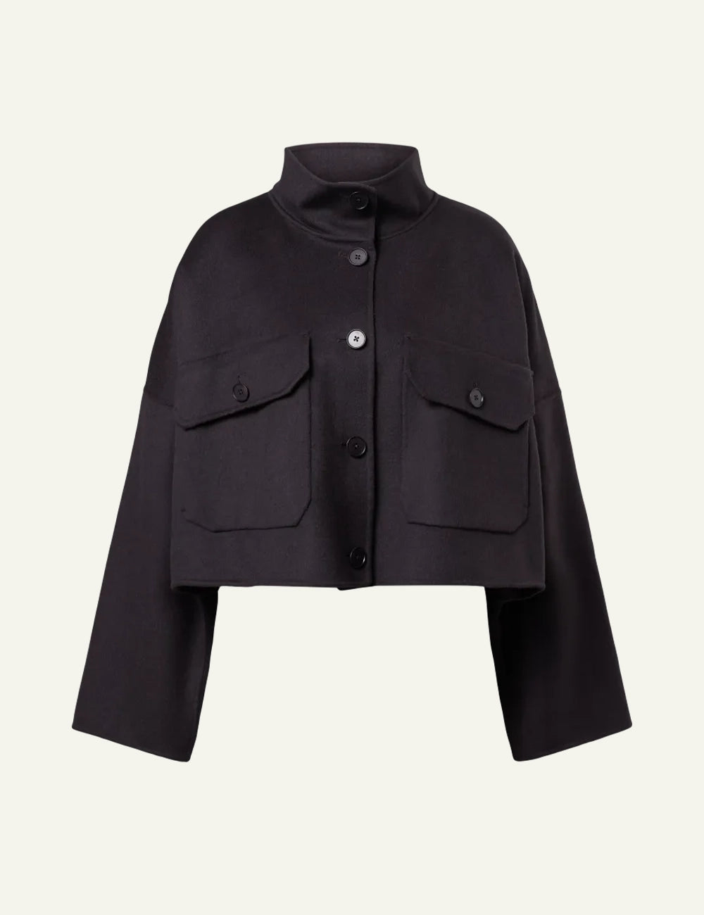 Women's DRYKORN Arklow oversized wool blend jacket in dark brown with stand-up collar and chest pockets