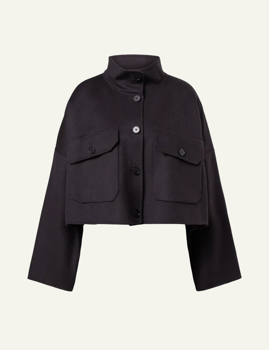 Women's DRYKORN Arklow oversized wool blend jacket in dark brown with stand-up collar and chest pockets