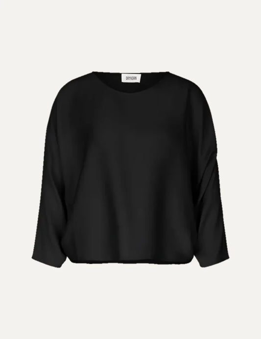 Drykorn women's black satin blouse with a relaxed wide silhouette, round neckline, softly draped long sleeves and subtle sheen.