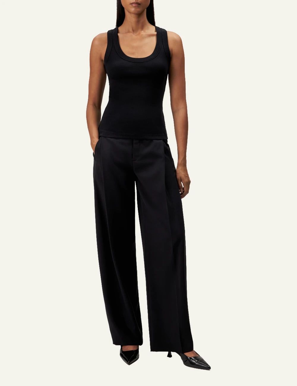 Women's DRYKORN black ribbed cotton tank top with scoop neck and slim fit full body