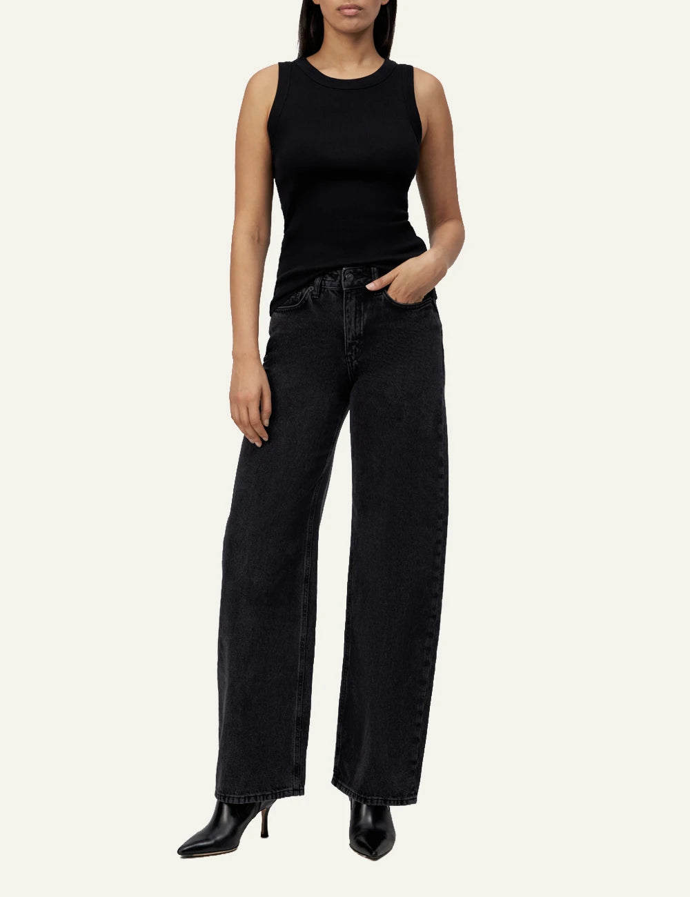 Women's DRYKORN black slim fit ribbed cotton tank top with round neck full body