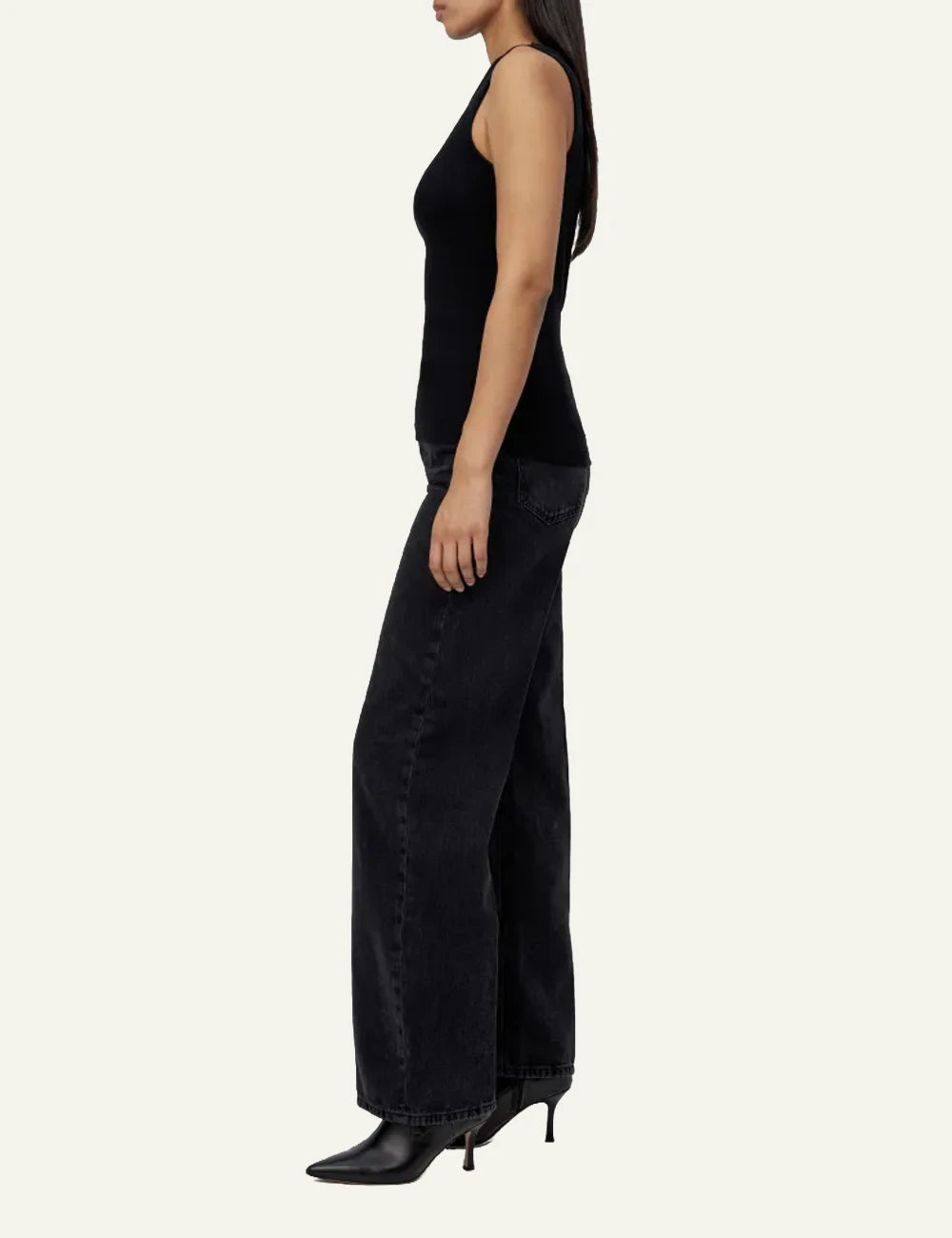 Women's DRYKORN black slim fit ribbed cotton tank top with round neck side