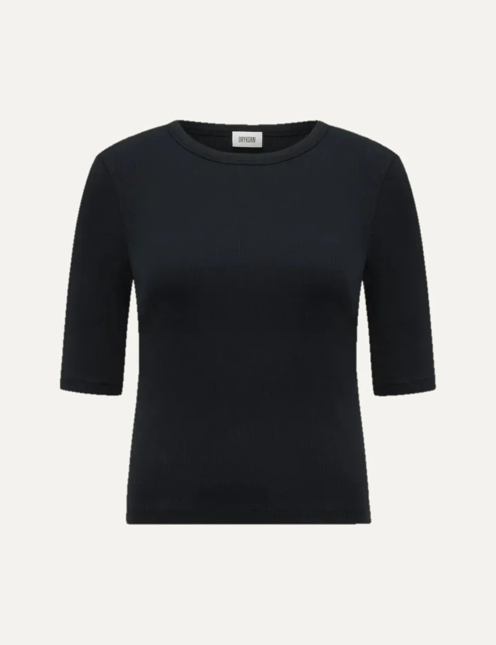 Drykorn women's black slim-fit T-shirt with a round neckline, three-quarter sleeves and fine ribbed cotton texture.