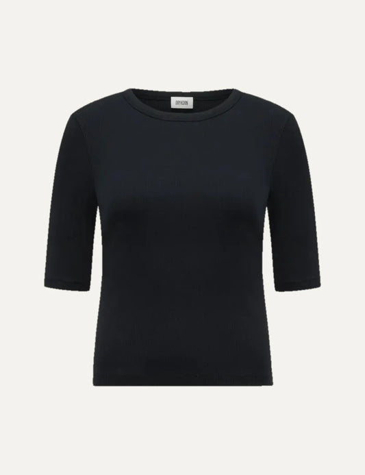 Drykorn women's black slim-fit T-shirt with a round neckline, three-quarter sleeves and fine ribbed cotton texture.