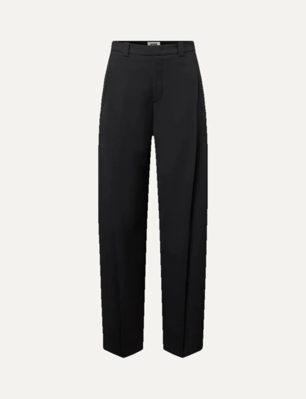 Drykorn women's black tailored trousers with front pleats, mid-rise waist, O-shaped legs and side pockets.